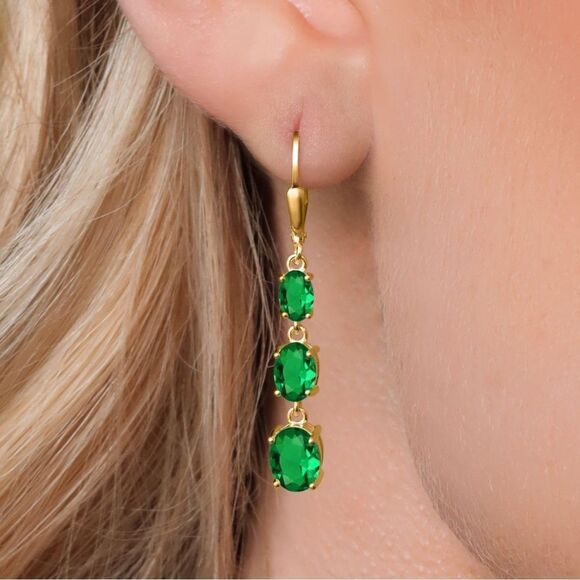 18K Yellow Gold with .50 Cttw 3 Stone Emerald Dangling Leverback Drop Earrings - Picture 2 of 5